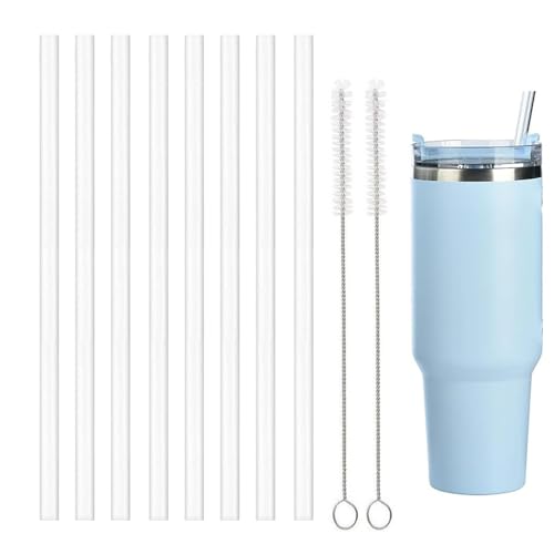 8Pcs Plastic Replacement Straw for Stanley Cap Straw Brush Easy to Clean Water Bottle Reusable Clear Straws Long Plastic Straws Thick for 30oz/40oz(8 Pack with 2 Brush)