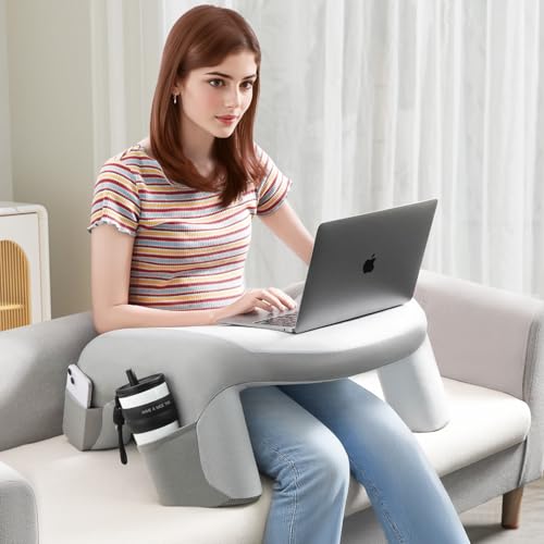 Reading Pillow for Bed, Lap Desk for Laptop, Memory Foam Arm Rest Support Gaming Pillow with Cup/Phone Pocket, Laptop Lap Desk for Working, Gaming, Reading on Couch Bed Floor- Grey