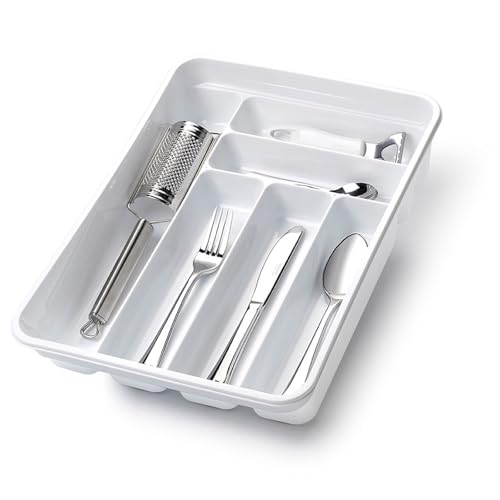 Tradineur - Cubertero para la cocina - Fabricado en Plástico -Recipiente para ordenación y almacenamiento de cubertería - 7 x 30 x 40 - Color Blanco