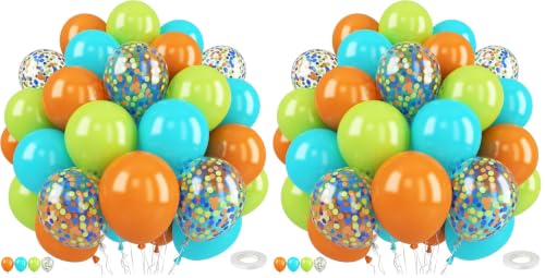 Image of Dinosaur Balloons,50PCS 12 Inch Fruit Green Blue and Orange Confetti Balloons with Ribbon for Birthday Baby Shower Dino Jungle Birthday Party Decorations (Pack of 2)