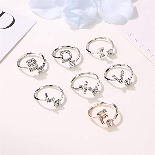 Image of HUJUON Silver Initial Letter Ring for Women. Adjustable Crystal Alphabet Ring,Name Initials Stackable Knuckle Rings A-Z CZ Open Ring