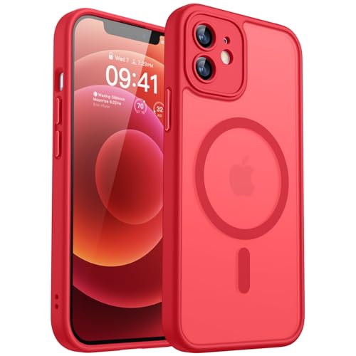 CANSHN Funda Magnética para iPhone 12 Mini(5.4 Pulgadas), Compatible con MagSafe, [Protección Total de La Cámara] Carcasa Fondo Mate Translúcido,Rojo