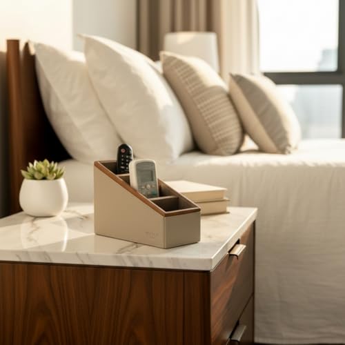 Image of MASON HOME Vegan Leather Naples Taupe Remote Holder (4 Slot) - 1pc - L 20.3 inch x B 10.2 inch x H 20.3 inch | Decorative Multifunctional Space Saving Organizer | Room - Table - Desk | AC TV Controller - Gadgets