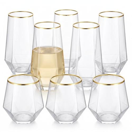 48 Pack Diamond Gold Rim Unbreakable Stemless Plastic Glasses 24 9oz Stemless Champagne Flutes & 24 12oz Cups BPA-Free, Disposable, Shatterproof Drinkware for Weddings, Bars, Events and parties