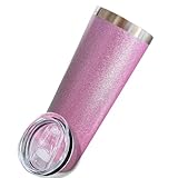CUPZI Glitter Travel Tumbler with Splash Proof Lid, 20oz Vacuum Insulated Coffee Tumbler, Double Wall Straight Travel Mug or Iced Coffee Cup (Pink)