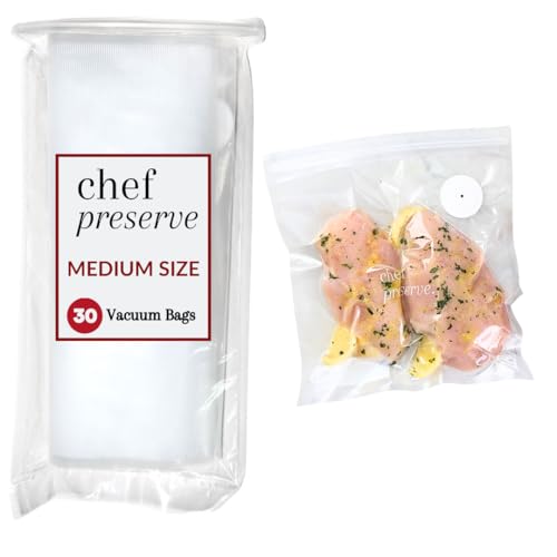 Chef Preserve Reusable Vacuum Sealer Bags for Food - 30 BPA-Free Medium (10 x 11 in) Food Storage Bags, Freezer, Microwave - Odor-Resistant, Leak-Proof - Compatible with Chef Preserve Vacuum Sealers