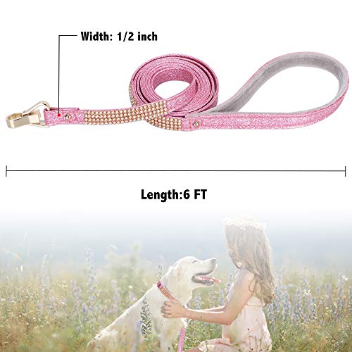 Image of Dog Leash, Pet Leash, [Bling Rhinestones] Premium PU Leather Durable and Soft 6 FT Leash for Control Safety Training, Walking Lead for Small to Medium Dogs Pink