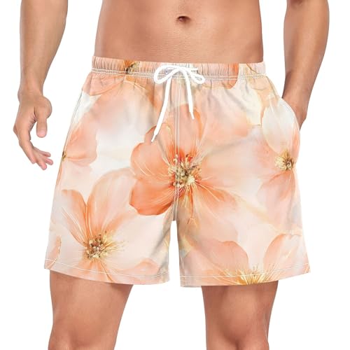 xigua Watercolor Blush Flowers Mens Swim Trunks with Liner, 5 inch Quick Dry Mens Boardshorts for Beach