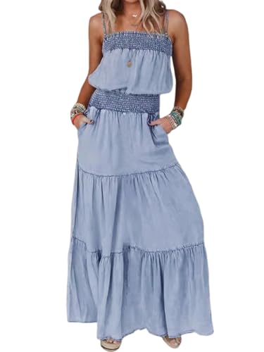 utcoco Women's Summer Beach Boho Smocked Sleeveless Denim Dress Tiered Ruffle A-Line Swing Spaghetti Strap Sundress