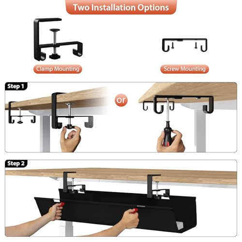 Image of Univivi No Drill Under Desk Cable Management Tray, 36 inch Cord Organizer for Table, Clamp /Screw Mount Desk Cable Management, Premium Fabric Cable Management Tray for Office, Home