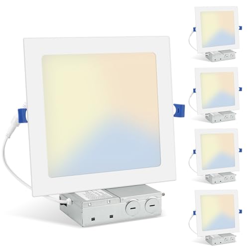 HONZIN 4 Pack 8 Inch Square LED Recessed Lighting Ultra-Thin Canless Ceiling Light 5CCT Selectable 2700K/3000K/3500K/4000K/5000K 20W Dimmable IC Rated with Junction Box White Trim