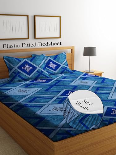 Image of DECORUM 280 TC Fitted Double Size, Elastic Bedsheet, 72x78 + 10 Inches Drop,with 2 Pillow Covers (Blue Zigzag)