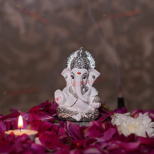 Tied Ribbons Ganesha Idol For Car Dashboard | Resin, 3.3 X 2 Inch | Hindu God Idol Figurine Silver Plated Baby Ganesha Statue For Home Decorations, Pooja, Mandir, Temple #TOP3