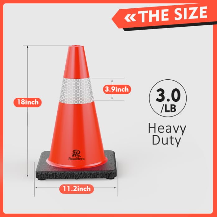 roadhero 4 pack traffic safety cones 18 inch with black weighted base, plastic pvc cone, orange cones with reflective collar, cones for parking lot, construction events, road safety 18 inch 4