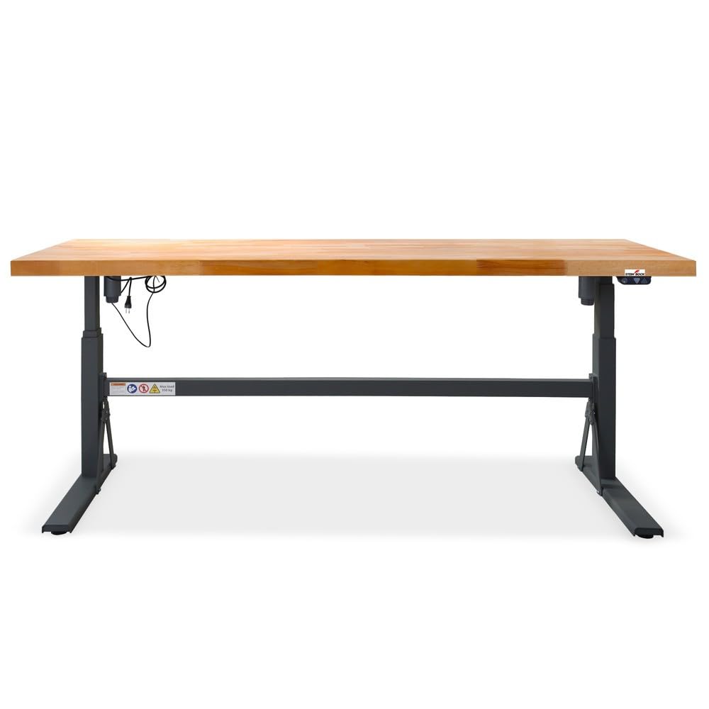 Steinbock elektrisch höhenverstellbare Werkbank e-Adjust | 350 kg Tragkraft | HxBxT 70-117 x 200 x 75 cm | Staubgrau | stabiles Stahlgestell | 5 cm Starke lasierte Holzplatte | Arbeitstisch