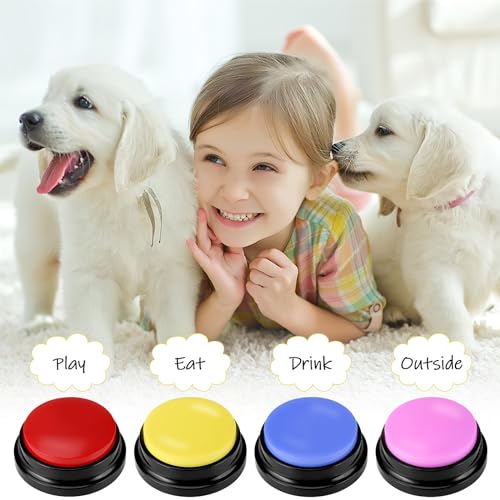Gowkeey Hundetasten Tiandirenhe Buzzer mit Aufnahmefunktion Answer Buzzers Aufnahmegerät Kinder 4 farbigen Buzzer mit Sound, Buzzers Aufnahmefähige Tasten für Hund Interaktion