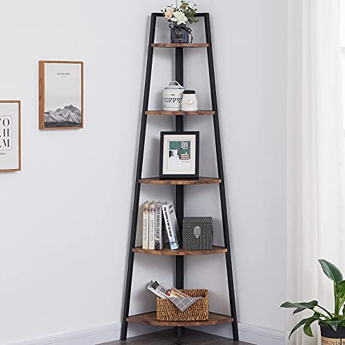Oiahomy Corner Shelf 70 Inch Tall Bookcase 5- Tier Industrial Corner Bookshelf Corner Ladder Shelf Small Bookshelf Rustic Plant Stand Rack Freestanding -Rustic Brown #TOP1