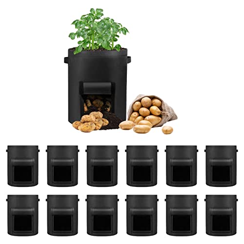 LITLANDSTAR 12 Stück 15 Gallonen Kartoffel Pflanzsack, Kartoffel Pflanzsack aus Vliesstoff mit Sichtbarer Klappe und Griffen für Pflanze Tomaten, Kartoffeln, Gemüse und Blumen(40 x 45 cm, Schwarz)