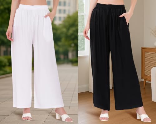 Image of Buy That Trendz Palazzo Pants for Women Rayon Elasticated Regular Fit Flared Wide Leg M to 6XL Pack of 2