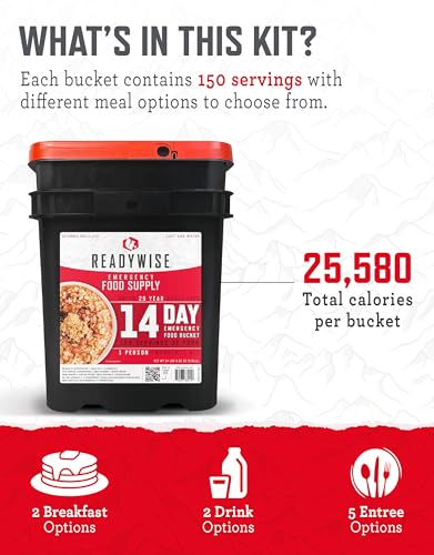 READYWISE - 14 Day, Emergency Food Supply, 150 Servings, 1 Bucket, Freeze Dried Food, MRE, Pre-made, Camping Essentials, Survival Kit, Food for, Hiking, Adventure and Emergencies, 25-Year Shelf Life