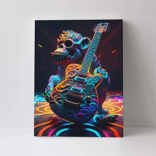 Funny Bathroom Wall Art Prints, Abstract Monkey Playing Rock Music Picture Decor Wall Art Wall Decor, Modern Vibrant Colors Animal Bedroom Wall Posters, Cute Canvas Office Kitchen Art Wall Prints （12X16 Inch, Framed) #TOP1
