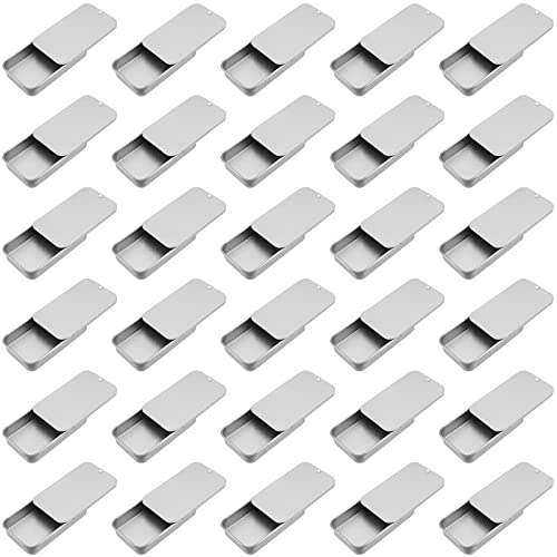 SEHOI 30 Pack Silver Metal Tin Containers, Rectangular Storage Box with Slide Lids, 0.43x2.36x1.34 inches, 0.5 oz Mini Tins for Crafts, Jewelry, Candles Storage Kit