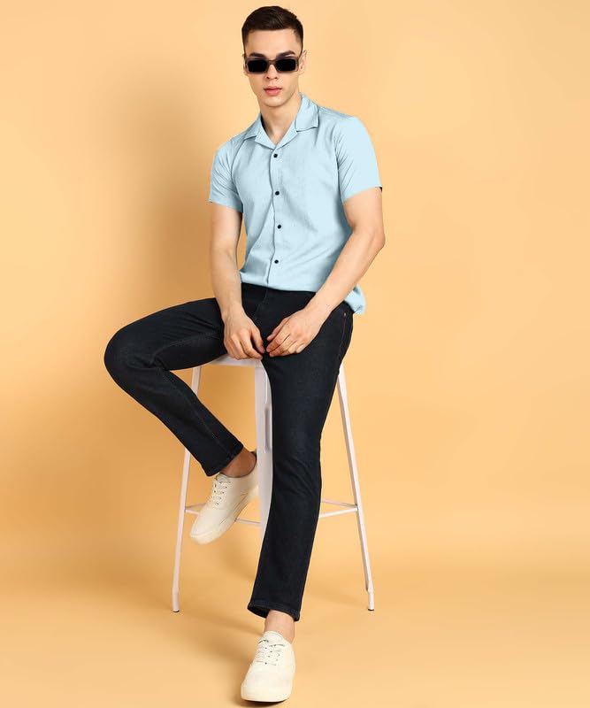 Image of COMBRAIDED Men's Solid Cotton Blend Half Sleeve Shirt - Regular Fit Casual Button-Down Shirt for Office & Travel - Summer & Spring