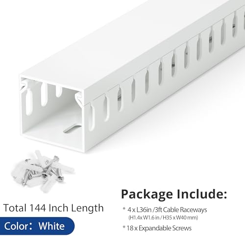 Image of 1.4 inchH x 1.6 inchW Cable Raceway, 12ft Under Desk Wire Management Channel, White | Slotted Wire Duct, 4 Pack (3 ft Each), Heavy-Duty PVC Cable Management for Server Racks, Network Cables & Electrical Cabinets