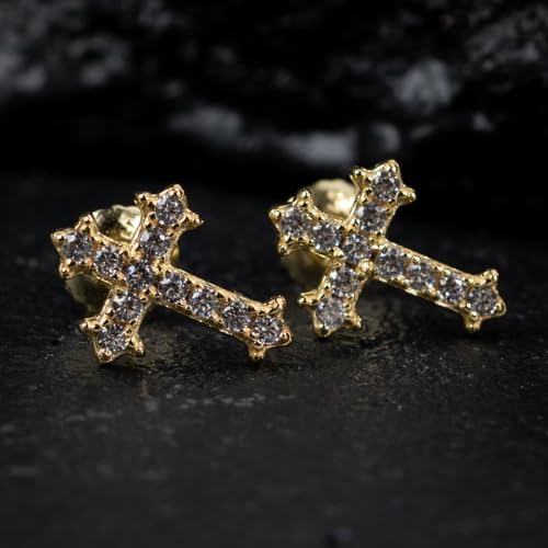 Small Mens Women's Prong Set Iced 5A Cz Hip Hop Yellow Gold 925 Sterling Silver Hypoallergenic Crucifix Ice Out Cubic Zirconia Gothic Cross Screw Back Stud Earrings3