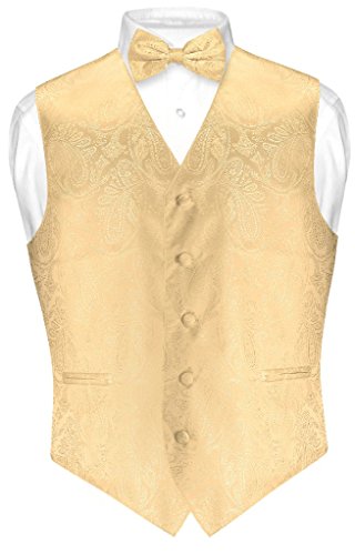 Men's Paisley Design Dress Vest & Bow Tie Gold Color Bowtie Set sz XLarge