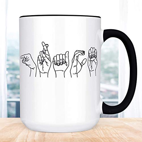 Custom ASL Fingerspelling Mug – Personalized Sign Language Coffee Cup – Handmade Ceramic Gift for Deaf Community – 11oz or 15oz, Black or White Handle