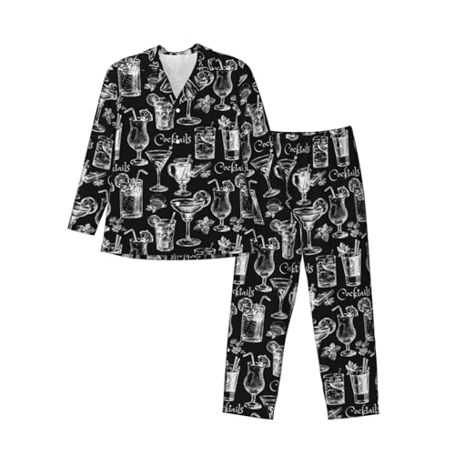 Hand Drawn Sketch Cocktails Mens Pajamas Set Button Down Sleepwear Set Long Sleeve Loungewear With Pockets3