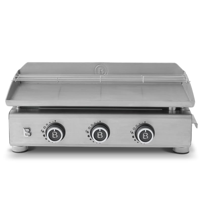 BRASERO - Plancha Silvia EVO 3 Feux Brasero - Plaque Inox de 67 x 34 cm - 3 brûleurs - Grille de réchauffement - Piezo intégré - Tiroir Graisse avec jauge de niveu - Jusqu'à 10 convives - 7,95 KW