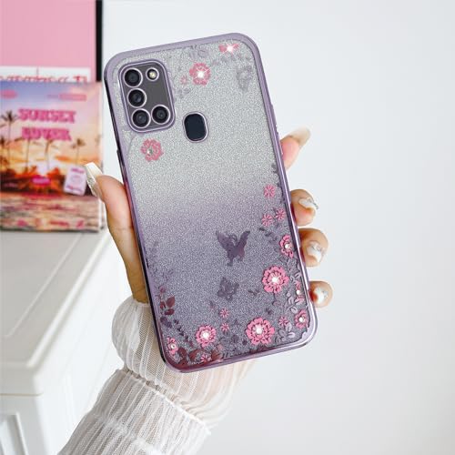 Image of Samsung Galaxy A21s Case for Women, Gradual Change Glitter Crystal Soft TPU Stylish Butterfly Floral Heart Clear Protective Cover with Strap (Purple)