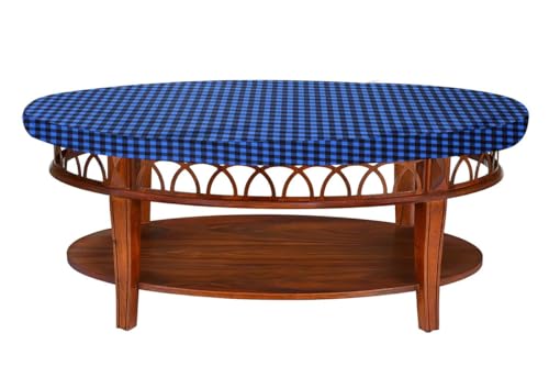 Image of The Furnishing Tree Elastic Oval Center Table Cover WxL 18x60 in Inches Polyester Checkered Pattern Blue