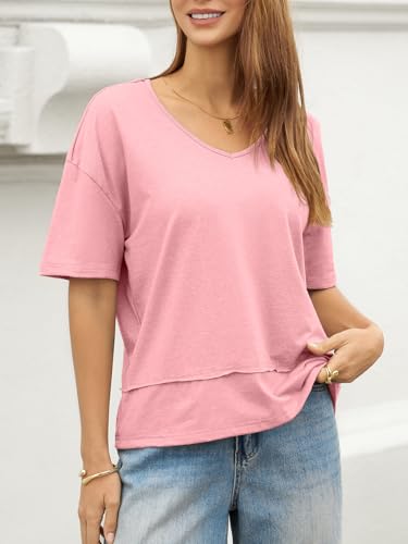 Image of UNCLECAT Womens V Neck T Shirts Summer Trendy Loose Fit Casual Tops Tees | Short sleeve, Spliced hem, Flowy graphic tees,Solid color cute basic t-shirts