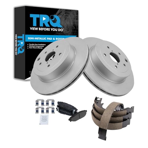 Image of TRQ Rear Brake Pad and Rotor Set Semi Metallic G Coated Rotors Parking Brake Shoe Compatible with 2008-2013 Subaru Impreza