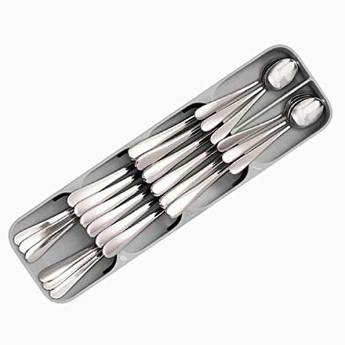 Image of E-COSMOS Compact Cutlery Organizer Tray - Plastic Kitchen Drawer Divider for Knives, Forks, and Spoons - Space-Saving Silverware Storage Holder & Dish Rack (Grey)