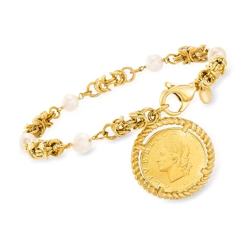 Ross-Simons Italian 6mm Cultured Pearl and Replica Lira Coin Byzantine Bracelet in 18kt Gold Over Sterling