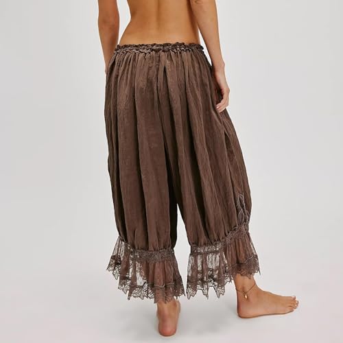 Image of KOSUSANILL Women Long Bloomer Pants Lace Trim Ruffle Pantaloons Cropped Lounge Pajama Bottoms Y2K Capri Pettipants