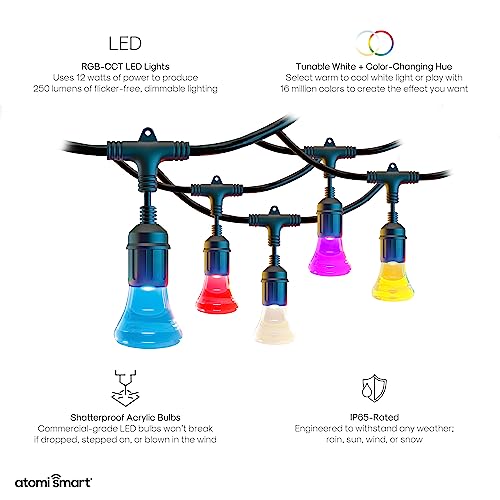 atomi smart Color-Changing String Lights– 24ft, 12 Shatterproof Bulbs 20W, Tunable, Dimmable, Outdoor IP65, White and Color-Changing 2500K-9000K, App Control, Works with Alexa and Google Assistant