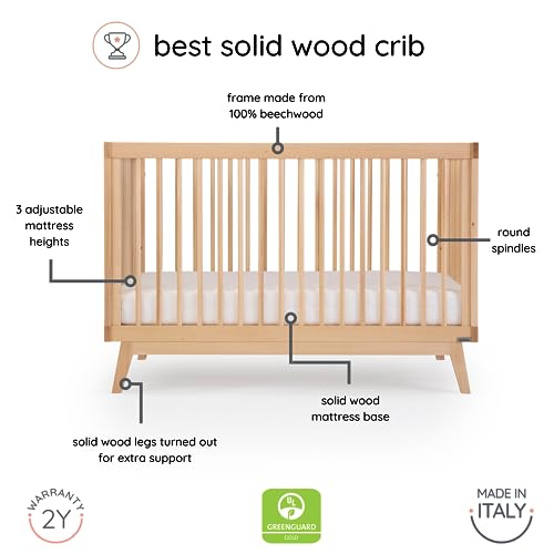dadada Baby Soho 3-in-1 Convertible Crib to Toddler Bed – Wooden Crib Made in Italy, GREENGUARD Gold Certified Small Baby Crib – Baby-Safe Finish, Modern Design (Natural) - Thumbnail 2