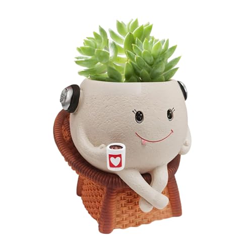 Maceta para suculentas, maceta de resina para sentarse, 4.2 x 4.9 x 4.5 pulgadas, soporte para flores caprichosas con agujero de drenaje, bonitos recipientes de bonsái para escritorio, balcón, jardín