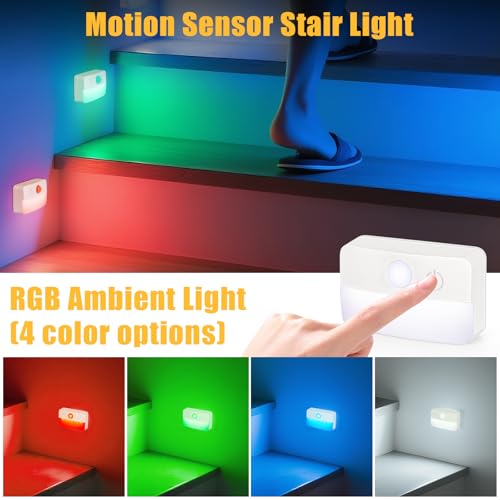 Image of Guankai 8 Pack Motion Sensor Stair Lights for Indoor, Wireless RGB Battery Operated Night Light, Activated Led Stick On Hallway Closet Under Cabinet Step Lamp for Bedroom Kitchen Bathroom