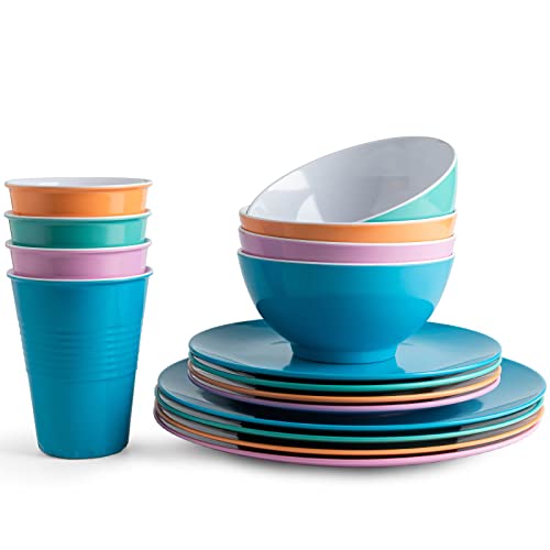 Lehaha Multicolor Melamine Dinnerware Sets, 2 Tone Color Dishes Set Service For 4, 16-Piece Plates And Bowls And Tumblers Set, Durable And Lightweight Melamine Plates Set #TOP10