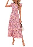 PRETTYGARDEN Women's 2025 Summer Floral Midi Dress Cap Sleeve V Neck Ruffle Long Flowy Boho Casual Beach Vacation Dresses (Floral Wine Red,Small)