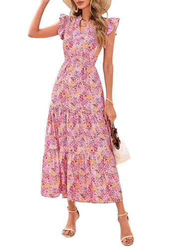 Image of PRETTYGARDEN Women's 2026 Summer Floral Midi Dress Cap Sleeve V Neck Ruffle Long Flowy Boho Casual Beach Vacation Dresses