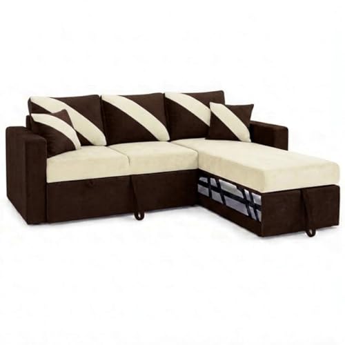 Image of FURNY Trivia 4 Seater RHS Lounger Sofa Cum Bed (Dark Brown - Cream) with Pull-Out Function | Luxury Velvet Suede Finish | Durable Comfort | Ideal for Living Room