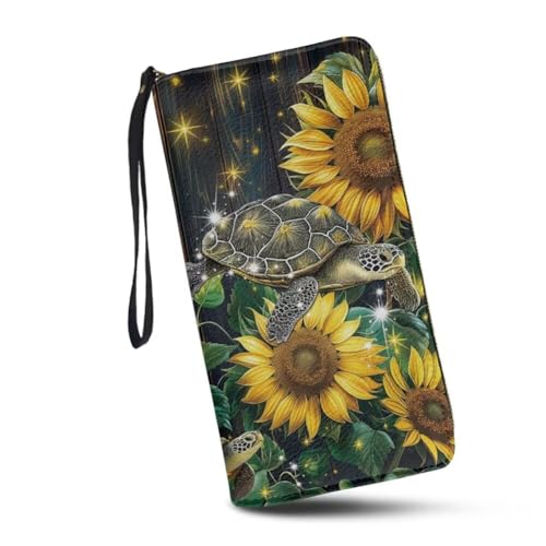 JUDENTIDOS Women Sunflower Wallets Sea Turtle Design Zipper Purse Multiple Card Slots Clutch Wristlet