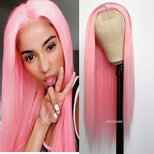 Missyvan Long Straight Hair Light Pink Color Wigs Glueless Heat Resistant Fiber Hair Synthetic Hair Wigs for Fashion Women…